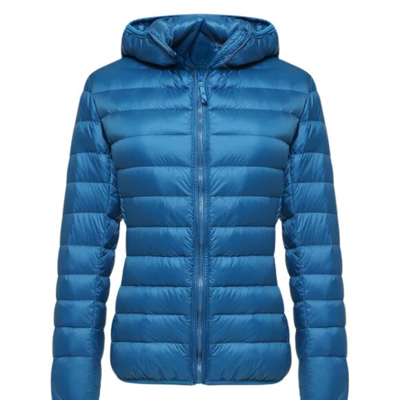 Cherfly Down Puffer Jacket with Attached Hood Large Turquoise NWT - Picture 1 of 6